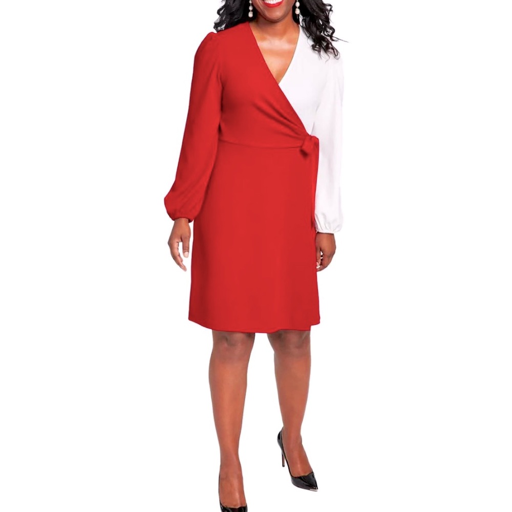 Women’s Kasper Dress Crimson and cream Size 1X faux wrap V neck NWT